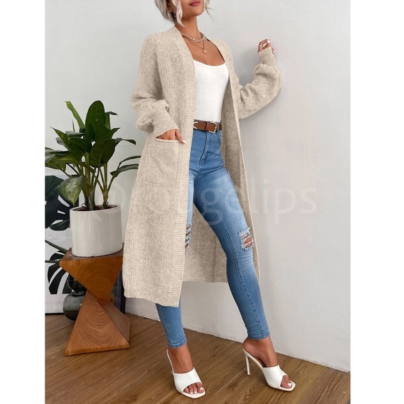 Oatmeal Beige Duster Cardigan Front Pockets Cable Knit Long Sleeve Midi Length - Picture 5 of 8
